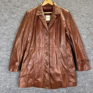 Vintage Bermans Jacket Womens 18 Long Brown Leather Belted Faux Fur Lined 70s